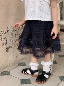 DAZY Baby Girl Plaid Patchwork Ruffle Hem Mesh Skirt - Blue - View 3