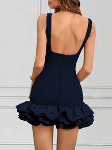 INAWLY Women's Fashionable Sexy Solid Color Ruffle Hem Backless Dress, Summer - Navy Blue - View 4