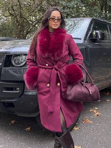 NegzBox Women Plain Front Button Pocket Furry Trim Minimalist Long Sleeve Coat In Fall/Winter - Burgundy - View 4