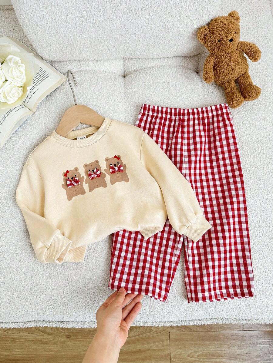 LMoss Kids Bộ đồ 2 món LMoss dành cho bé gái, gồm áo nỉ dệt kim in hình gấu và quần kẻ caro, thích hợp cho Giáng sinh, mùa thu đông ấm áp, áo chui đầu, trang phục cho chị em gái. - Nhiều màu - Xem 1