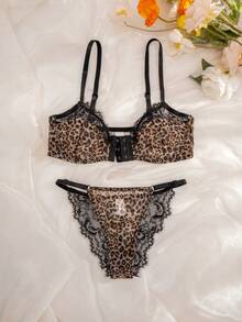 2pcs Women Leopard Print Lace Patchwork Front Closure Wireless Thin Cup Comfortable Lingerie Set - Multicolor - View 6