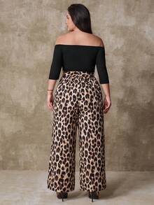 Juhart Elegant And Casual One-Neck Autumn Jumpsuit For Plate-Sized Women Leopard Print Pants Wide Leg Pants Curve Cheetah Print Outfit Women Animal Print Plus Size