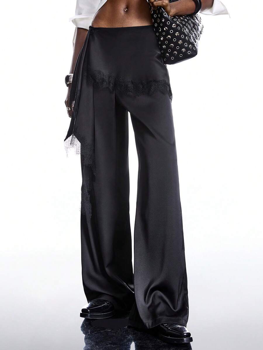 LYSMO 2026 New Arrive Minimalism Spring/Summer Women's Lace Patchwork Ruffle Hem Casual Versatile Commuting Wide Leg Wide Leg Pants Lace Trim Pants - Black - View 1