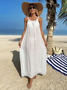 Swim Vcay 女士夏季纯色钩编镂空拼接度假连衣裙，无袖法式沙滩裙 - 白色 - 查看 2