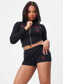 BABYPHAT High Neck Zip Up Ribbed Knit Top Long Sleeve Fitted Cropped Jacket Script Print Fall Winter Casual Streetwear - Black - View 3