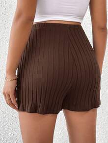 SHEIN Maternity Casual Solid Color High Waist Shorts, Summer - Brown - View 2