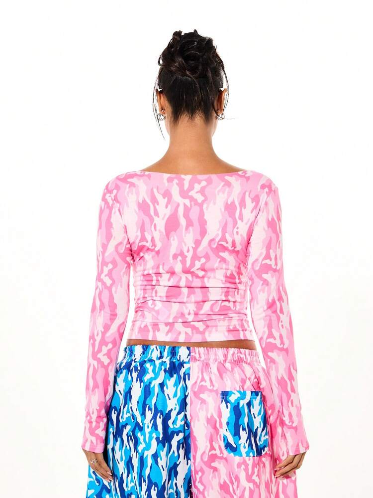 SUMWON WOMEN Long Sleeve Cropped Camo Print Top