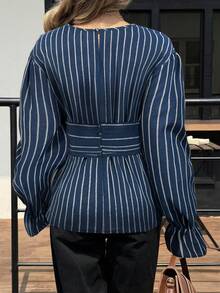 Siren Gaze Autumn/Winter New Casual Commuter Striped Waist Shirt Stripe Shirt Spring - Navy Blue - View 2