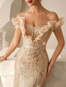 Coutiva 秋冬奢华珠饰亮片露肩露背缎面单肩鱼尾晚礼服，适合婚礼宾客、毕业典礼、生日派对、音乐节、婚礼等场合。 - 香檳色 - 查看 2