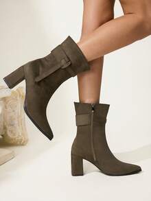 CUCCOO CHICEST 女士时尚百搭通勤粗跟中筒靴 - 軍綠色 - 查看 2