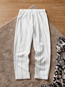 SWAVVY 男士休闲梭织弹力腰竖条纹锥形七分裤，秋季，Old Money - 黑與白 - 查看 2