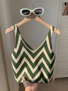 Comfortcana 女士休闲 V 领无袖波浪条纹针织毛衣上衣，秋冬