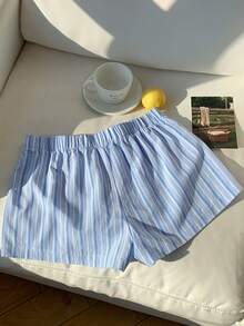 Comfortcana 女士字母条纹休闲宽松短裤 - 藍色 - 查看 2
