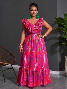 Slaydiva 大码女装夏季高饱和度印花V领层叠荷叶边腰部宽松A字连衣裙，适合女士夏季穿着，圣诞节、新年、感恩节、海滩、优雅装扮、社交上衣、通勤、日常穿着、商务、机场、派对、毕业典礼等场合。 - 彩色 - 查看 4