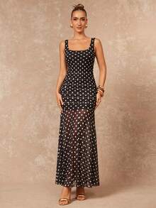 Lumalex Women's Elegant Polka Dot Mesh Sleeveless Fitted Flared Dress, Spring/Summer - Multicolor - View 1