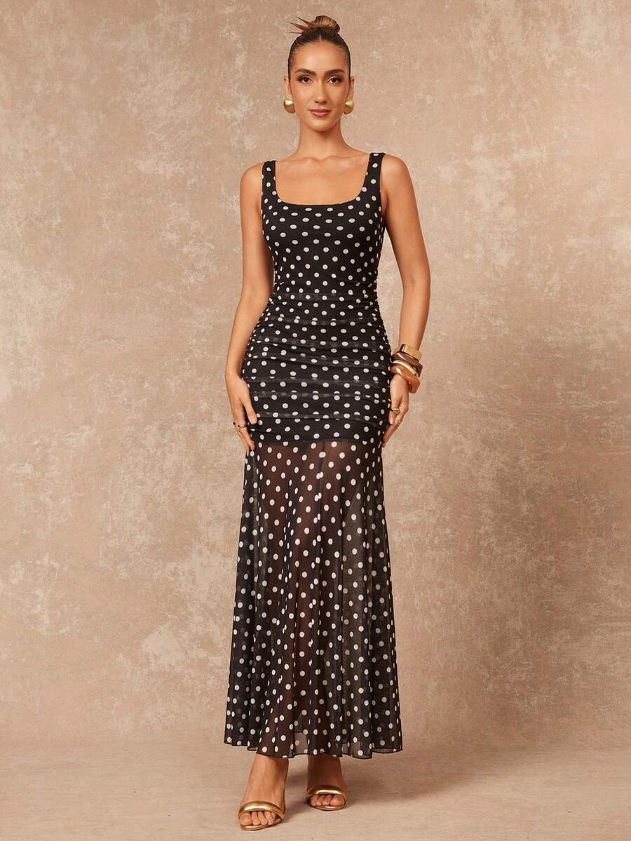 Lumalex Women's Elegant Polka Dot Mesh Sleeveless Fitted Flared Dress, Spring/Summer - Multicolor - View 1