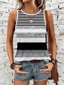 SHEIN LUNE Casual Minimalist Striped Pattern Women Tank Top, Suitable For Autumn/Winter Spring Beach - Multicolor - View 5