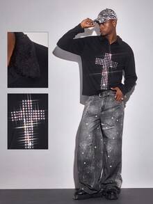 ROMWE MEN Goth Men's Cross Pattern Long Sleeve Casual Polo Shirt - Black - View 9