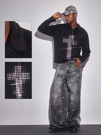 Goth Men's Cross Pattern Long Sleeve Casual Polo Shirt