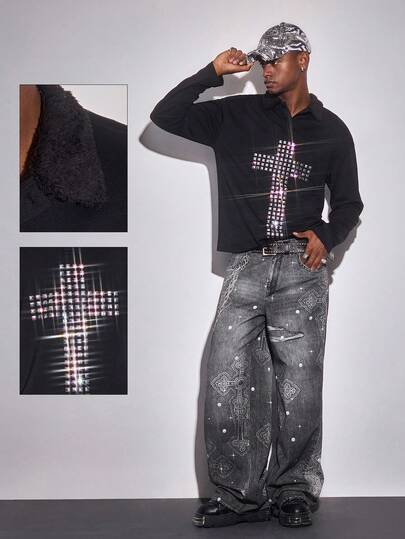 Goth Camisa polo casual de manga larga con patrón de cruz para hombre