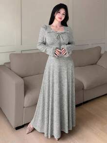 Feyla 女士优雅蓬松装饰长裙，秋冬款 - 灰色 - 查看 6