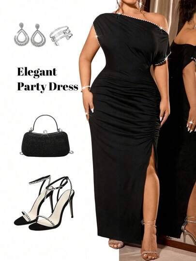 SHEIN CURVE+ Vestido ajustado de mujer talla grande de unicolor, elegante cuello asimétrico, con abertura alta, adecuado para reuniones, para todas las estaciones