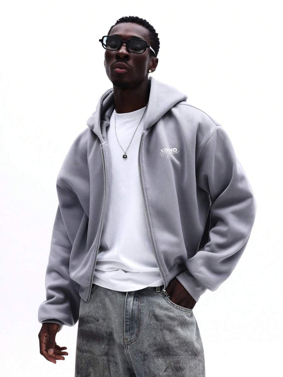 SUMWON Men's Zip Up Hoodie With Chest Logo Long Sleeve Casual Pullover Fall Winter Streetwear Sweatshirt Outerwear - Light Grey - View 1