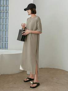 Dazy-Less Ladies" Summer Round Neck Drop Shoulder Short Sleeve Loose Solid Color Casual Dress Sundress Business Casual Women Maxi Dress - Grey - View 4