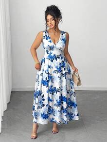 Elenzga Plus Size Women's Elegant Floral Print V-Neck Sleeveless Waist Cinched A-Line Dress, Early Spring Garden Party Formal Dress Blue And White Floral Dress Prom - Blue - View 5