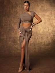 Hauture Women's Sexy Cut Out Draped With Front Slit Maxi Dress