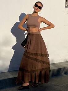 Livesso Fashionable Loose Casual Vacation Textured Lace Patchwork Flared Skirt, Spring/Summer - Brown - View 6