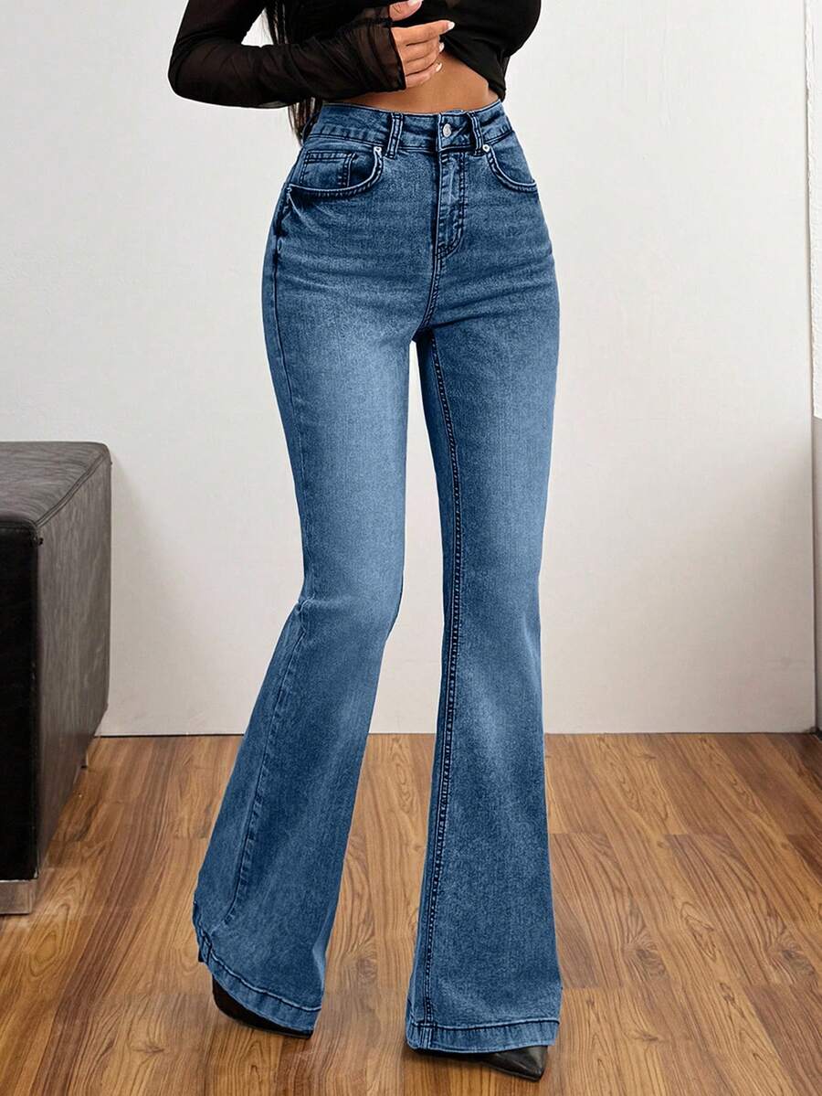 EURMUSE Slim Fit High Waist Flared Comfort Denim Jeans Everyday Going Out Date Dark Blue Autumn Casual 2000s Streetwear - Medium Wash - View 1