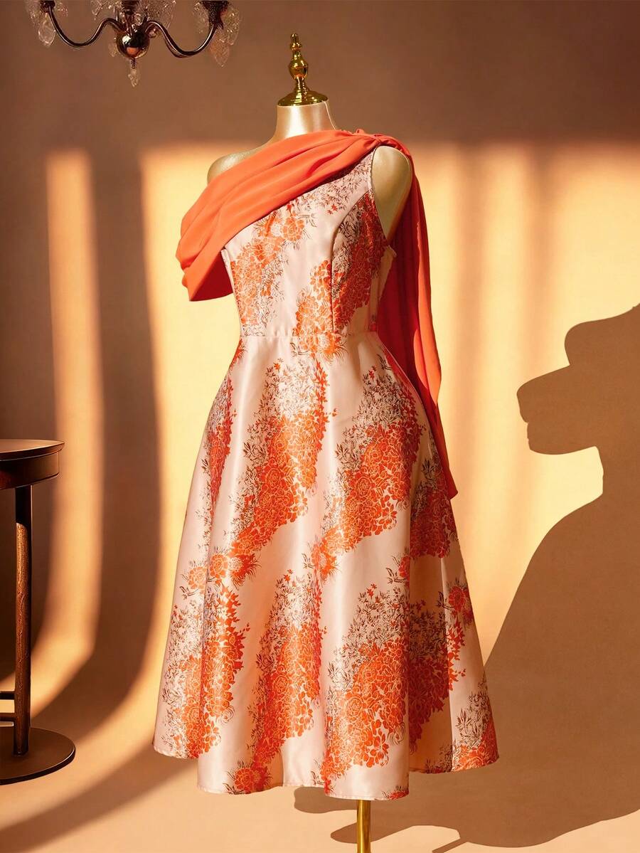DreamSkyne Große Größen Damen Kleid mit Blume Muster, Off-Shoulder Schnitt mit geraffter Taille, vintage Silhouette mit leuchtenden Farben, asymmetrisches Schulterdesign verleiht elegante Ausstrahlung, geeignet für Strandurlaub, Strandreisen, Pendlermode, Valentinstag, Musikfestival, Muttertag, Halloween, Thanksgiving, Ostern, Nationalfeiertag, Neujahr, Datenight, Weihnachten, Hochzeitssaison - Orange - Übersicht 1