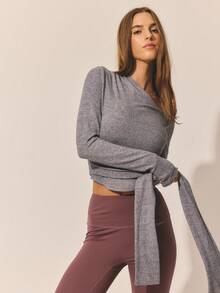 Aralina 柔软弹力针织单肩长袖裹身系带修身不对称设计外出上衣女装 - 灰色 - 查看 8