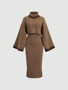 Sweetra Coffee Brown Casual Knitwear Sweater Co-Ords With High Neck Crop Top And Long Sleeve Drop Shoulder Ribbed Midi Dress With Split Details - Coffee Brown - View 3