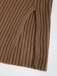 Sweetra Coffee Brown Casual Knitwear Sweater Co-Ords With High Neck Crop Top And Long Sleeve Drop Shoulder Ribbed Midi Dress With Split Details - Coffee Brown - View 6