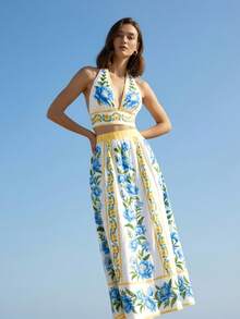 CAJUNI Bộ áo cổ lọ và chân váy midi kiểu dáng giản dị, được trang trí bằng họa tiết khu vườn Địa Trung Hải. - Nhiều màu - Xem 3