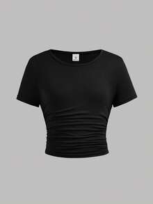 SHEIN Girlism Tween Girl Slim Fit Casual Knit Solid Color Crew Neck Ruched Short Sleeve T-Shirt 3-Piece Set KIDS - Navy Blue - View 3