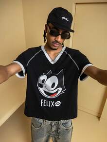 Felix The Cat X SHEIN Áo thun nam tay ngắn cổ chữ V họa tiết hoạt hình tương phản - màu đen - Xem 4