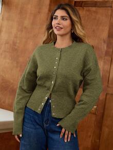 Elaquor 大码休闲纯色束腰开衫，秋冬季 - 軍綠色 - 查看 6