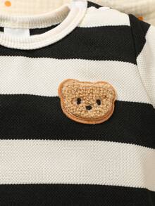 SHEIN Bộ áo liền quần ngắn tay cổ tròn kẻ sọc đen trắng cho bé trai sơ sinh, họa tiết gấu bông, thời trang, giản dị, dễ thương, phong cách mùa hè mới. - Đen và trắng - Xem 7