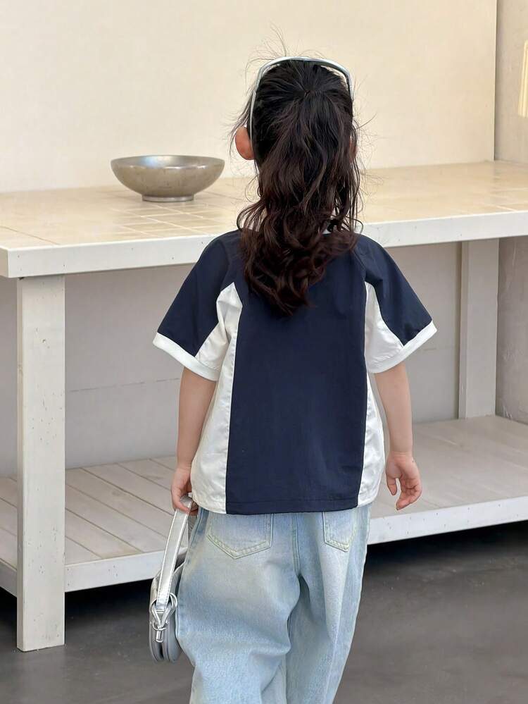 Young Girls V-Neck Contrast Color Short Sleeve Casual Street Shirt