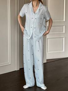 Napfluff Women's Striped Bow Print Short Sleeve Pajama Set - Multicolor - View 2