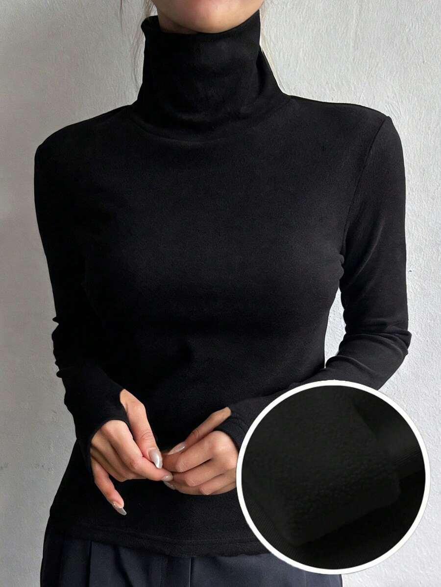 DAZY 女士纯色高领休闲百搭长袖T恤，适合度假穿着 - 黑色 - 查看 1