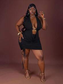 CurvyTilda Plus Size Sexy Halter Backless Sleeveless Top, Summer, For Hourglass Body Shape - Black - View 3