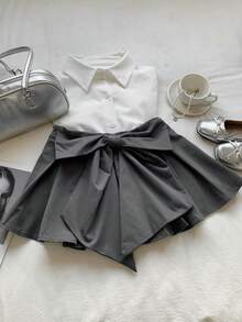 SHEIN EZwear Falda gris plisada con decoración de lazo de unicolor simple, casual para vacaciones - Gris - Ver 4