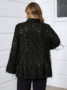 SHEIN CURVE+ Áo blazer ôm dáng màu đen đính sequin tua rua dành cho nữ cỡ lớn, thích hợp dự tiệc Giáng sinh, mùa Thu/Đông hoặc ngày Valentine. - màu đen - Xem 4