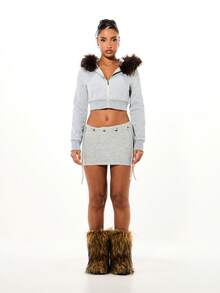 SUMWON WOMEN Ribbed Knit Mini Skirt With Lace Up Detail And Metal Grommets Fall Winter Casual Sweater Skirt - Grey - View 3