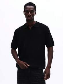 Polo de punto de ajuste relajado SUMWON, de manga corta, cuello, casual, cómodo, esencial, prenda básica de armario de todos los días, liso - Negro - Ver 1