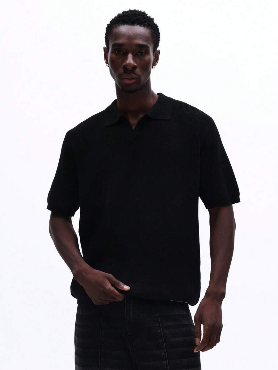 Polo de punto de ajuste relajado SUMWON, de manga corta, cuello, casual, cómodo, esencial, prenda básica de armario de todos los días, liso - Negro - Ver 1
